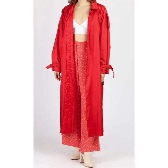 Vintage 80s Paris Sport Club Red Belted Long Nylon Trench Coat Women's 7/8 M - Picture 2 of 16